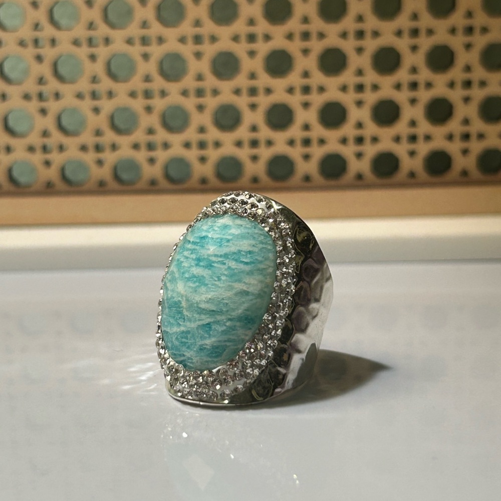 Lavender Blue Silver Statement Ring with Turquoise Blue Stone and Crystal Halo